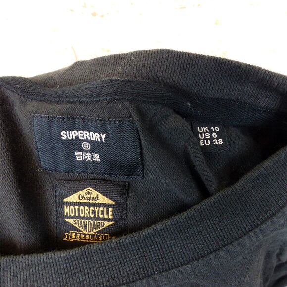 Superdry Black Label T-Shirt Women US 6 Black Out Graphic Logo Short Sleeve Moto - Picture 13 of 16